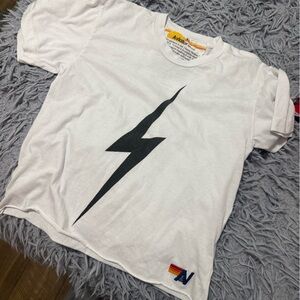 Aviator Nation White Crop Top with Black Lightning Bolt